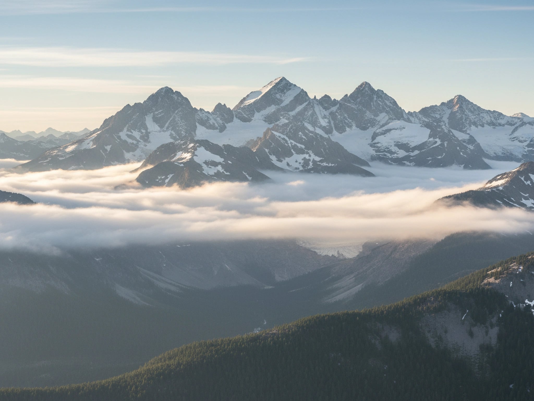 Towering mountain peaks piercing through clouds