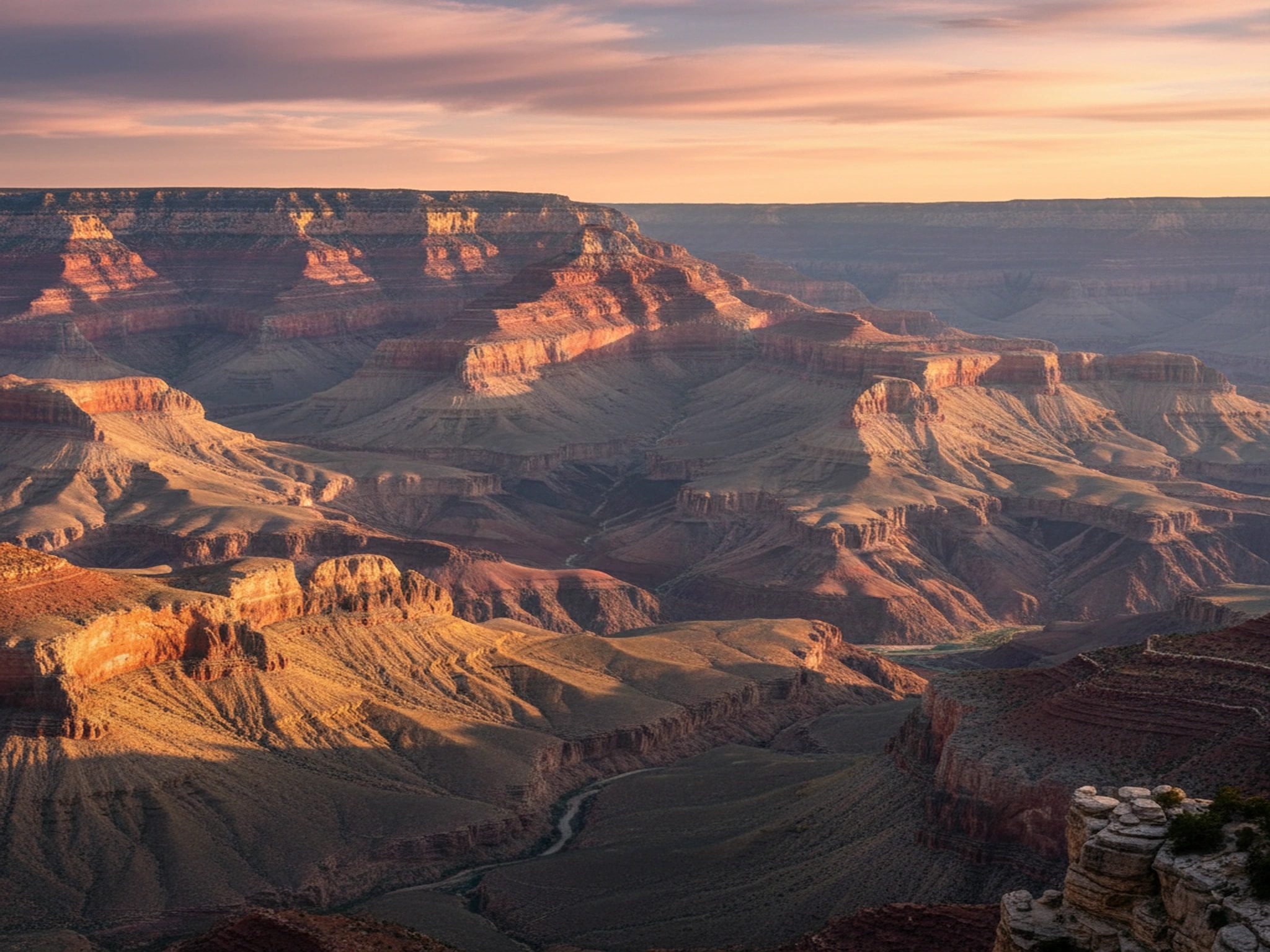 Majestic grand canyon at sunrise with dramatic shadows and golden light