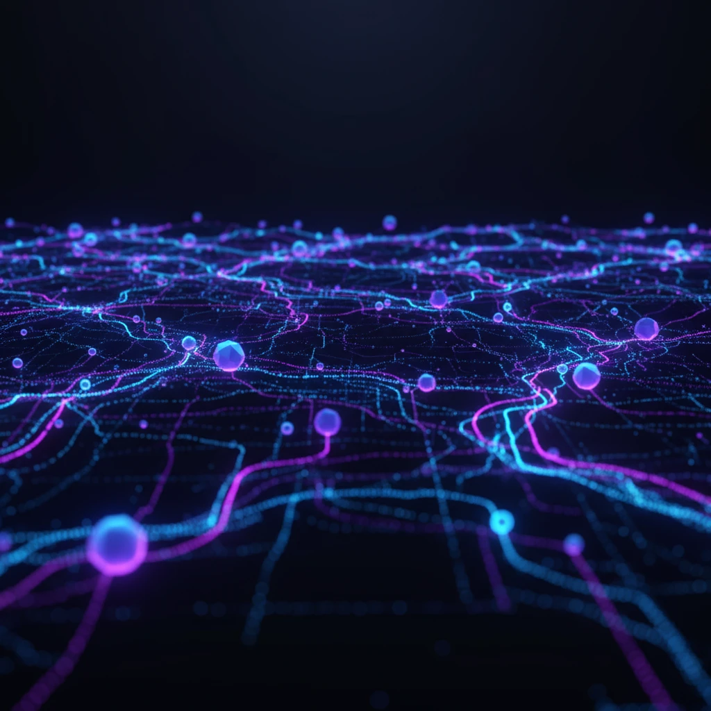 Abstract visualization of interconnected AI neural network with glowing nodes and data pathways